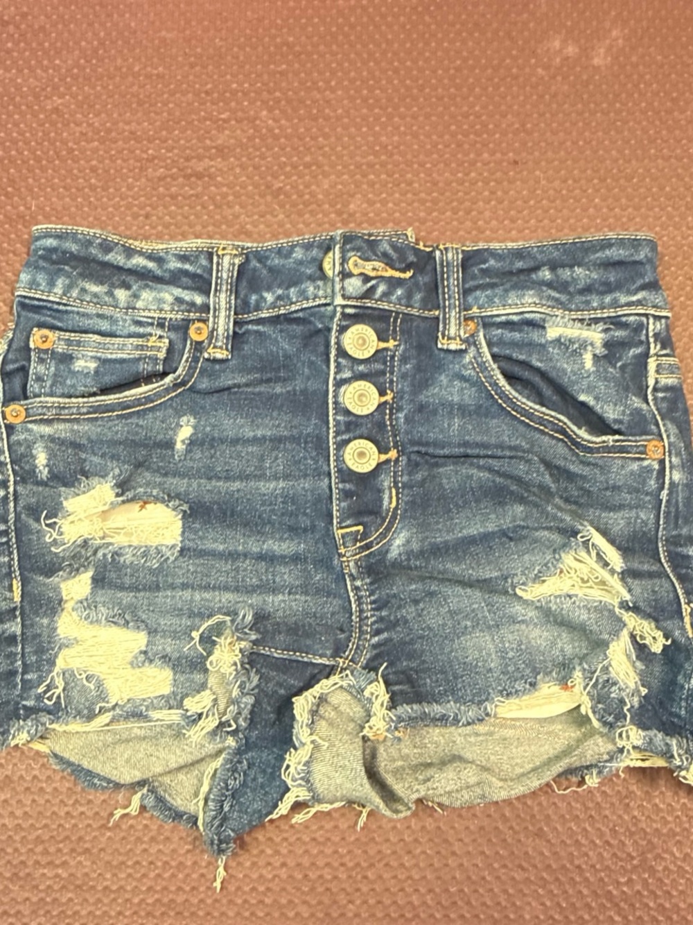 American Eagle Outfitters Distressed Dark Blue Button-Front Jean Shorts
